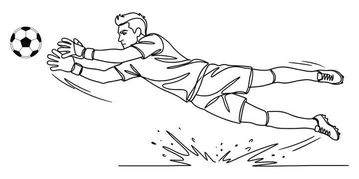 Soccer Goalkeeper Jumping and Reaching for Ball, Minimalist Line Art Vector Illustration of Football Goalie Action for Sports Branding, Coaching Manuals and Athletic Graphic Design