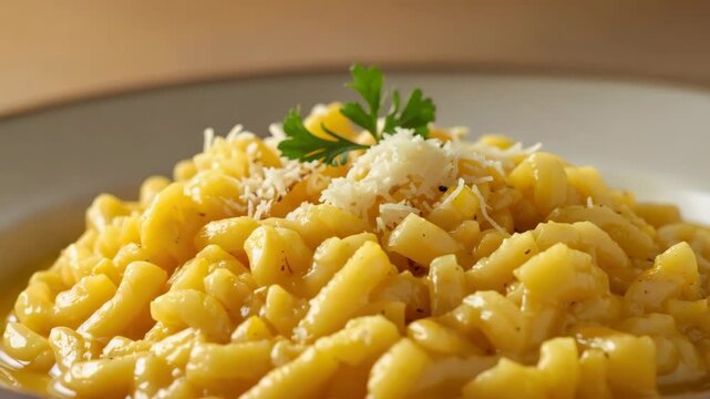 Creamy saffron risotto with grated cheese parsley garnish arborio rice creamy parmesan rich saffron