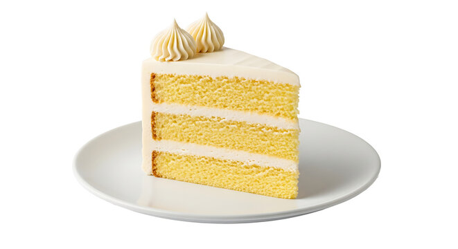 Delicious slice of yellow cake with white frosting on a plate PNG isolated on transparent background