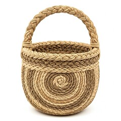 Obraz premium Handwoven natural fiber basket with handle isolated on white background
