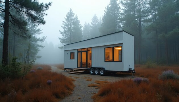 Modern tiny house on wheels sits in misty pine forest during autumn. Portable dwelling offers minimalist living, eco friendly housing. Its simple design provides freedom, adventure, peaceful retreat.