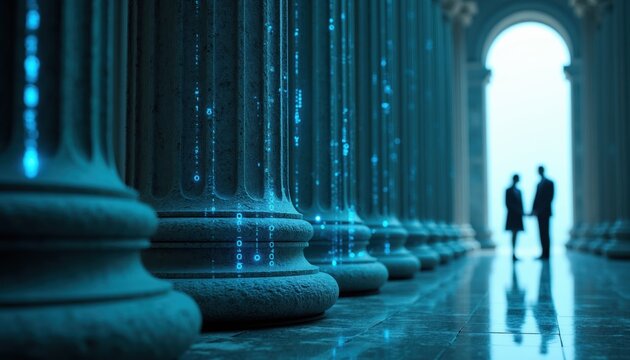 Futuristic columns with digital code glow. Binary streams on marble pillars. Silhouettes of business people stand in archway. Abstract concept of cyber law and data justice.