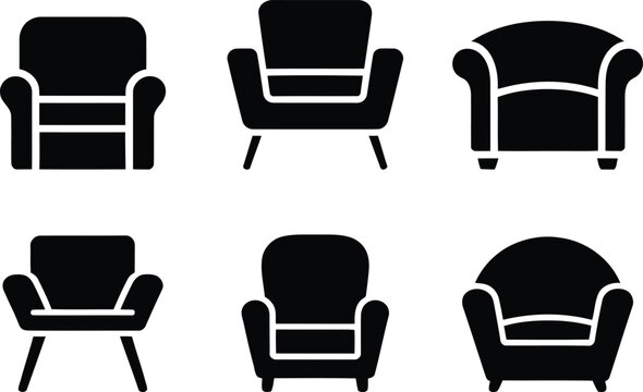 Six black armchair on white background furniture silhouette