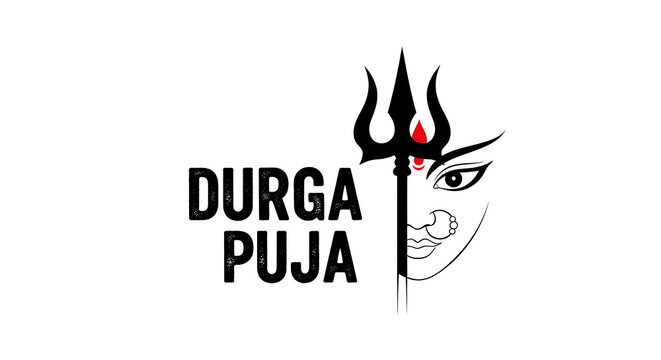 Durga puja festival logo with trident and face PNG isolated on transparent background