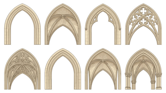 "Collection of eight Gothic architectural arch illustrations featuring pointed arches, ribbed vaults, ornate tracery, decorative motifs, stone columns, and medieval cathedral design elements"