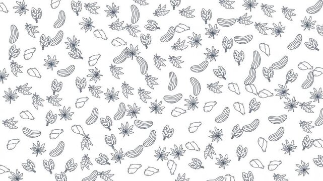 Abstract pattern of various leaves falling on a white background. Perfect for naturethemed designs, wallpapers, print materials, and textile patterns.