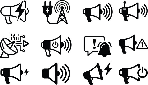 Sound and communication icons set with megaphone speaker signal alert symbols outline vector collection isolated on light background