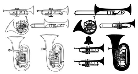 Assortment of brass and silver wind instruments including trumpets horns and tubas vector © Neoviz Studio