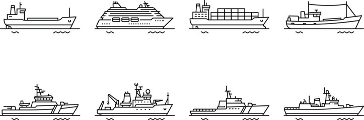 Naklejka premium Comprehensive cruise travel icon set, cruise ship symbols, beach lounge chairs umbrella, dining buffet entertainment, luggage ticket dock, island excursion