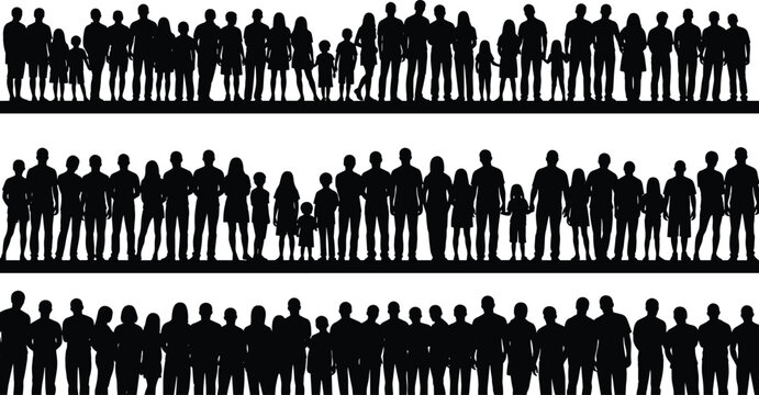 Community silhouette vector set, black white clipart of adults children groups, unity diversity illustration artwork, social population design bundle