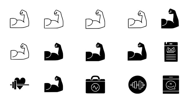 Collection of flexing arm and fitness icons in outline and solid styles vector