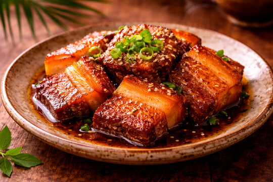 Tender blocks of Okinawan Rafute (braised pork belly) glazed in a savory soy and awamori sauce, sprinkled with sesame seeds and topped with chopped green onions.