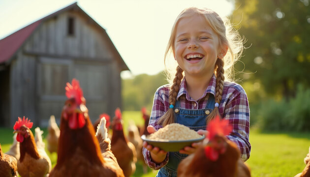 Young girl joyfully feeds chickens grain from bowl on sunny farm. Child laughs while caring for poultry near wooden barn and green grass field.