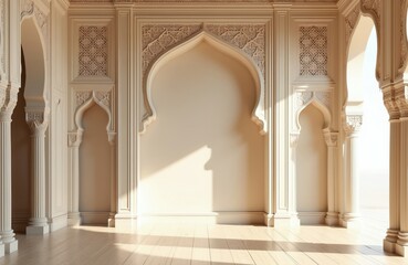 Obraz premium Ornate interior hallway Mughal architecture with arched doorways, detailed carvings, intricate geometric patterns. Sunlight streams through arches casting shadows on wooden floor, suggesting peaceful