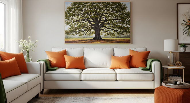 Modern living room with white sofa and orange pillows