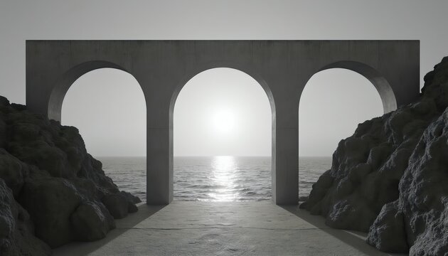 Three concrete arches face the sea at sunset. Rocky shores frame the view of calm water under a pale sky. Modern architectural design meets natural coastal landscape.