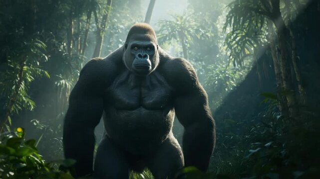 Majestic silverback gorilla sunlit misty rainforest jungle. powerful primate standing dense