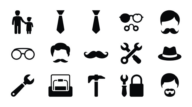 Collection of father's day icons silhouette of father and son ties mustaches glasses hats tools toolbox and padlock celebrating parenthood and family bonds with simple vector