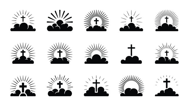Collection of ascension day themed silhouette icons featuring crosses emerging from clouds with radiant sunbursts and light rays symbolizing spiritual ascent and divine light