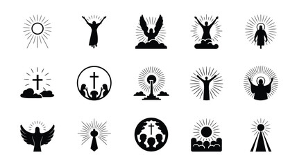 Fototapeta premium Collection of ascension day icons featuring religious symbols human figures with raised arms angels with wings and sunbursts representing faith spirituality and divine connection