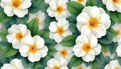 Fototapeta premium White camellia flowers with green leaves create a repeating pattern. Watercolor artwork displays delicate petals and central stamens with soft gradients. Nature botanical art.