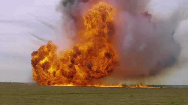 Dramatic explosion in a wide-open field, showcasing the power of controlled detonations in a safe environment. Ideal for illustrating themes of destruction and energy release