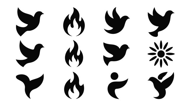 Minimalist black silhouette icon set featuring flying doves burning flames radiant sun and abstract human figures for modern graphic design and digital branding projects