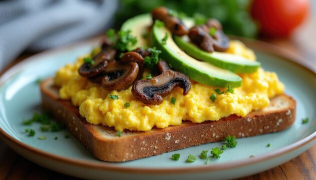 Toasted multigrain toast piled with fluffy scrambled eggs creamy avocado slices and earthy morel mushrooms. Garnished with fresh parsley. A delicious and healthy breakfast.