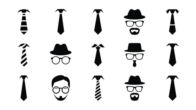 Collection of minimalist black and white silhouette icons representing ties and stylish gentleman faces with hats and glasses perfect for father's day or men's fashion themes