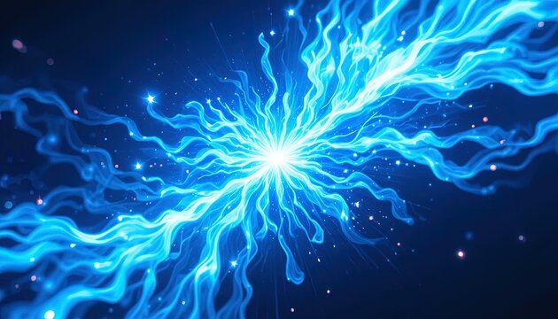 Electric blue neural network explosion in deep space with glowing particles and cosmic energy