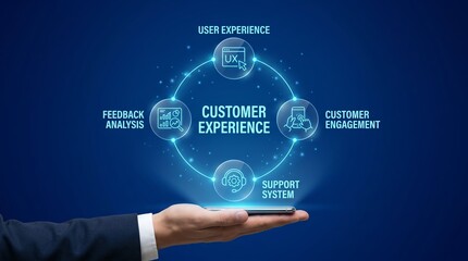 Obraz premium Businessman presenting customer experience concept on smartphone screen