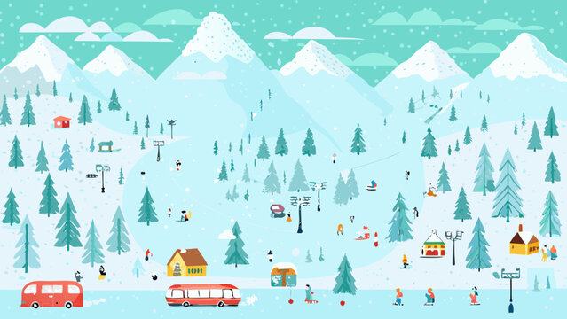 winter landscape illustration with mountains and ski resort