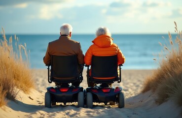 Fototapeta premium Elderly couple enjoys seaside view from mobility scooters. Sit together on sand dune, ocean waves visible, calm sky above. Accessible travel scene promotes active aging, shared experiences in nature.