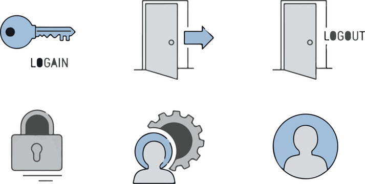 Cybersecurity login and logout icon set, user account access symbols, digital security key and padlock vector collection, 6 web interface elements isolated PNG with Transparent Background