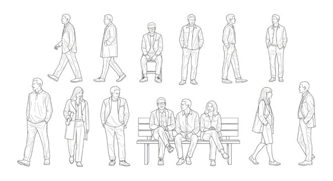 Clean line drawing of people in casual poses, architectural human scale figures for street scenes and public space elevations, isolated on white.
