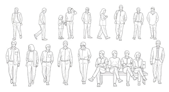 Diverse people line art sketches set, architectural scale figures for CAD drawings and minimalist renderings, vector entourage isolated.