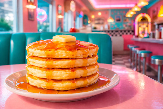 Stack of fluffy pancakes topped with a melting pat of butter and dripping maple syrup at a retro 1950s-style diner.