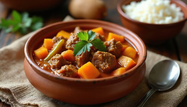 Hearty West African mafe peanut stew with chunks of meat, sweet potato served with fluffy white rice. Savory dish garnished with fresh parsley, green chili pepper, offering taste of traditional