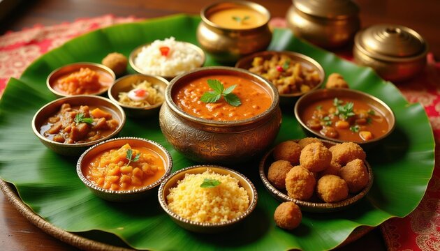 Indian food feast with variety of dishes served on banana leaf. Traditional curries rice pakora and sweets offer authentic South Asian cuisine experience. Festive meal presentation.