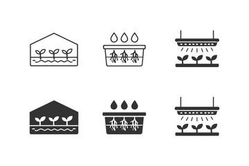 Naklejka premium Hydroponics and indoor farming icons: sustainable agriculture concepts.
