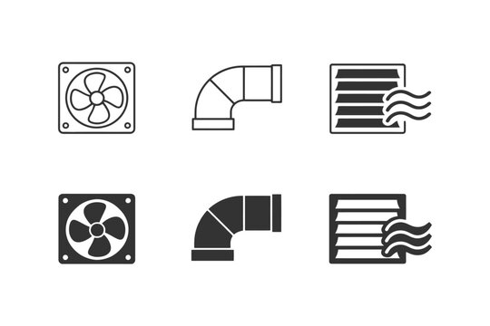 Ventilation system icons: fans, duct elbows, airflow vents.