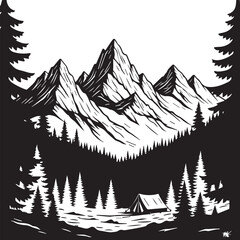 Obraz premium Dramatic mountain landscape with cabin a black and white woodcut illustration