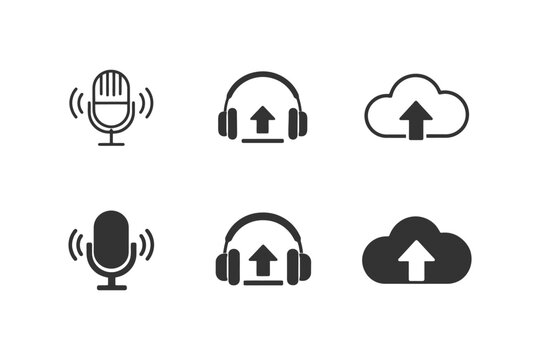 Microphone headphones cloud icons for audio and data upload concepts.