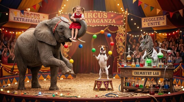 Whimsical circus performance with trained animals and a happy child. Elephant balancing a girl, juggling dog, and a zebra scientist at a chemistry lab desk inside a festive tent