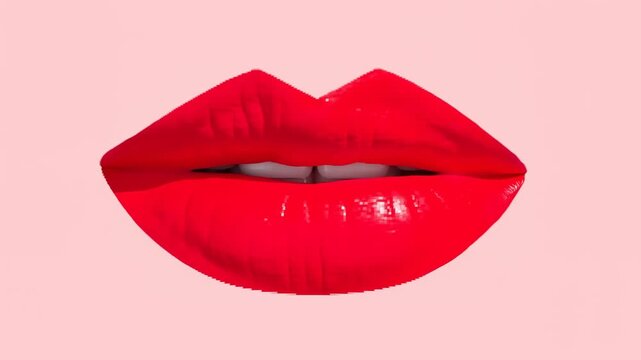 Close-up of vibrant red lips against a soft pink background. Symbolizing beauty, confidence, and the allure of cosmetics in fashion and advertising