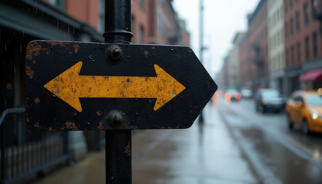 Old metal arrow sign points left and right on rainy city street. Weathered sign shows two ways on urban road with cars. Decision choice, crossroads guidance.