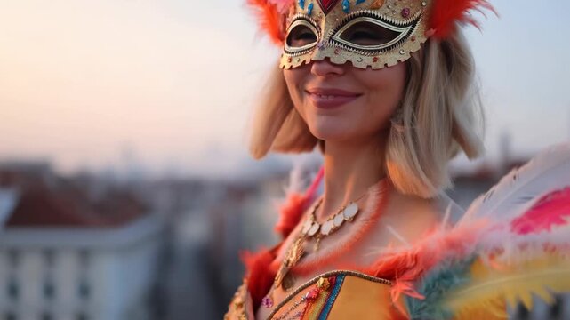 Woman in a vibrant masquerade mask and costume smiles against a sunset backdrop. Celebrating culture and joy during a festive event