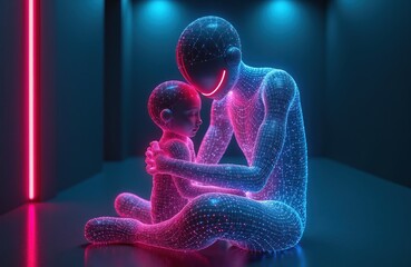 Naklejka premium Glowing digital parent hugs child gently. Figures made of light particles show future connection and care. Neon glow lights scene with blue and pink tones. Represents artificial family bonding.