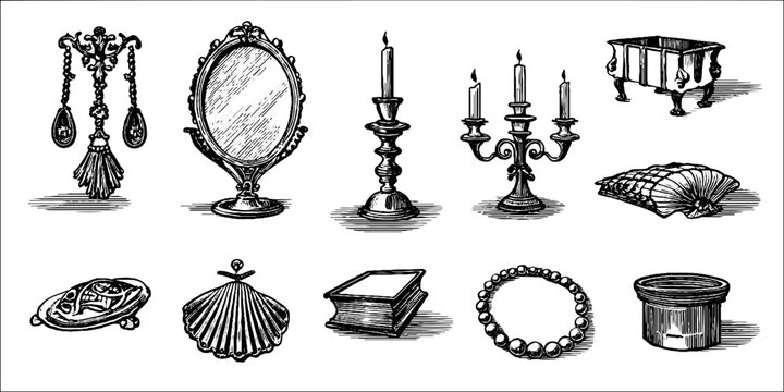 Baroque engraved clipart sheet with mirrors candles candelabra and decorative objects for vintage background and design elements