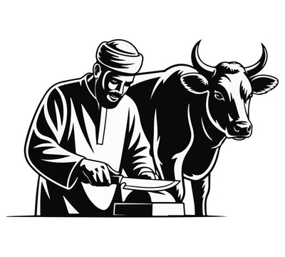 Muslim Man Sharpening Knife for Eid al-Adha Qurbani Ritual Sacrifice